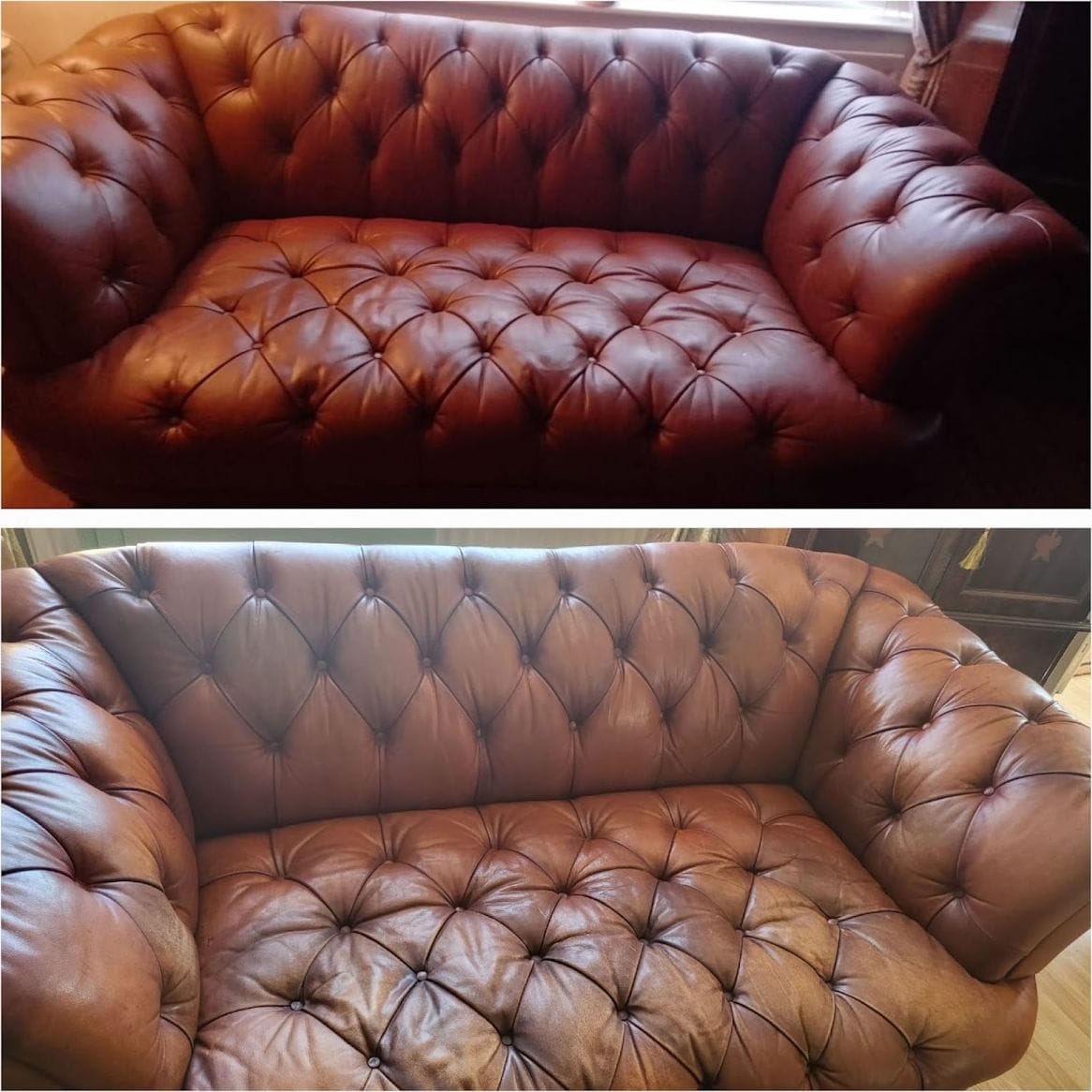 Buttoned leather Chesterfield sofa photographed before and after restoration work