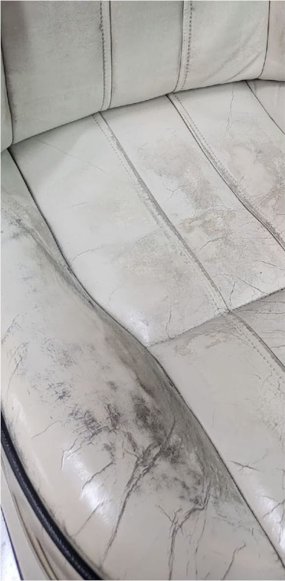 Cream leather seat with grey soiling and fine cracking across the cushion before restoration