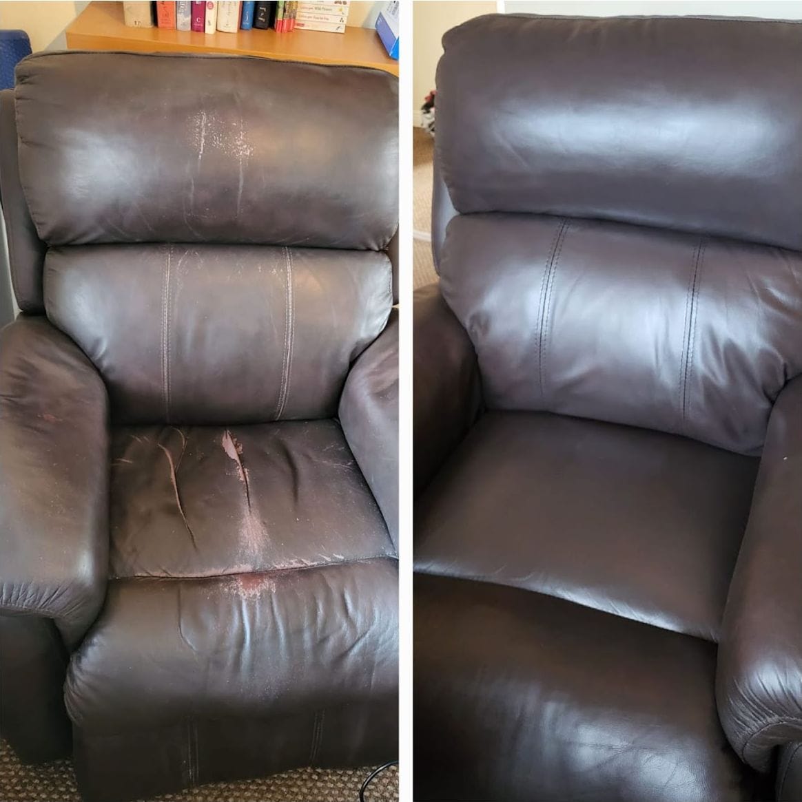 Leather recliner armchair shown before and after seat and colour repair