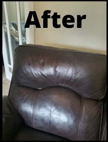 The same leather sofa back after the burn was filled and colour-matched